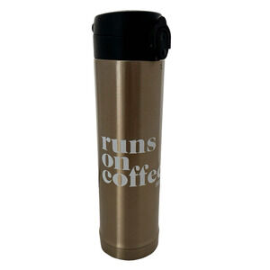 PINK Victorias Secret Travel Mug Runs On Coffee 15 oz Brown‎ Gold Tone Hot Cold